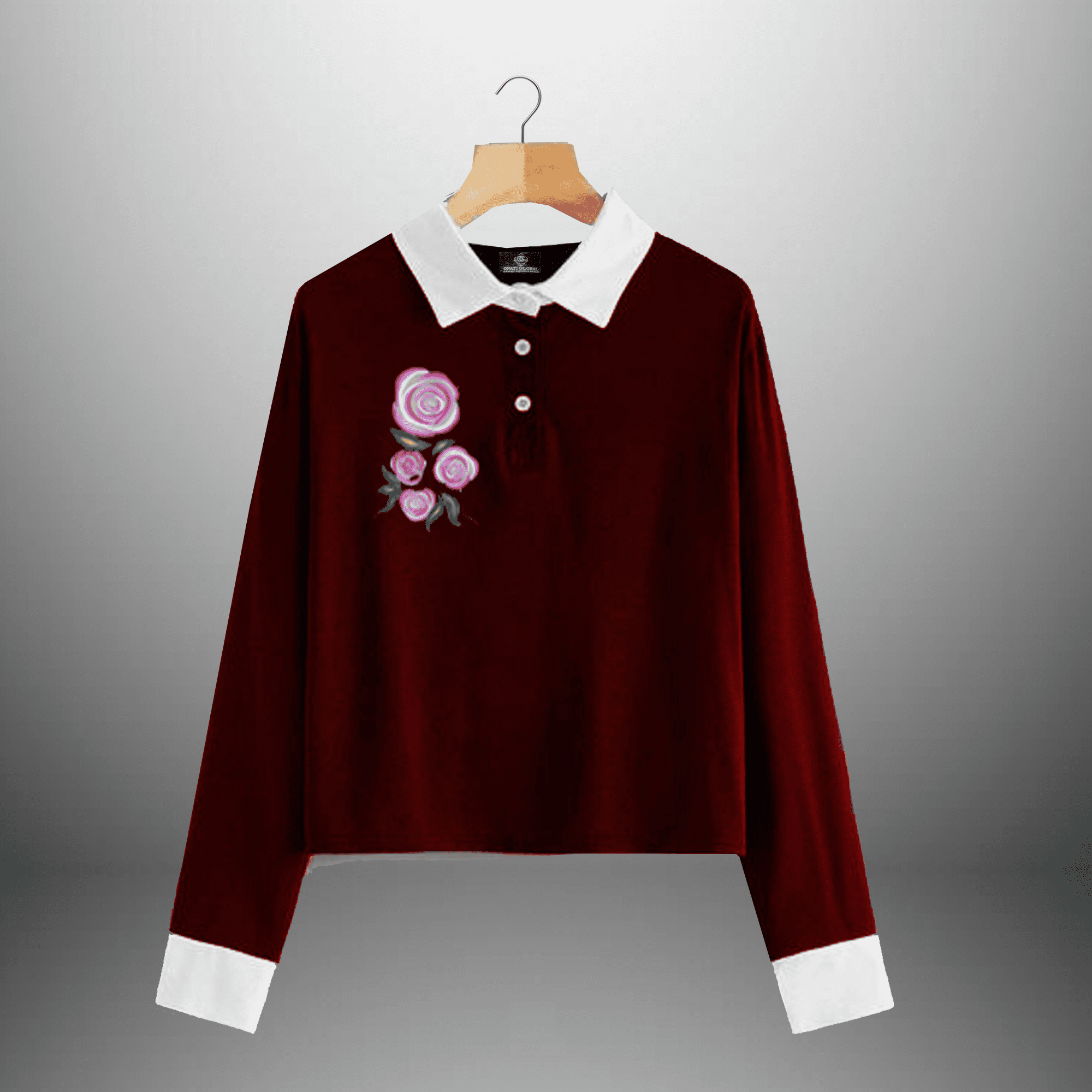 Maroon T-shirt Style Top with White Collar and Rose Embellishment-RCT129